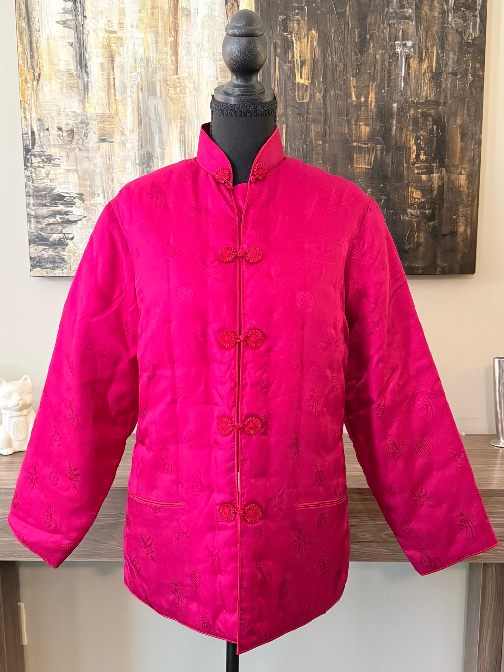 Vintage Plum Blossoms Quilted Silk Brocade Jacket Xl Pink Mandarin Frog Closure